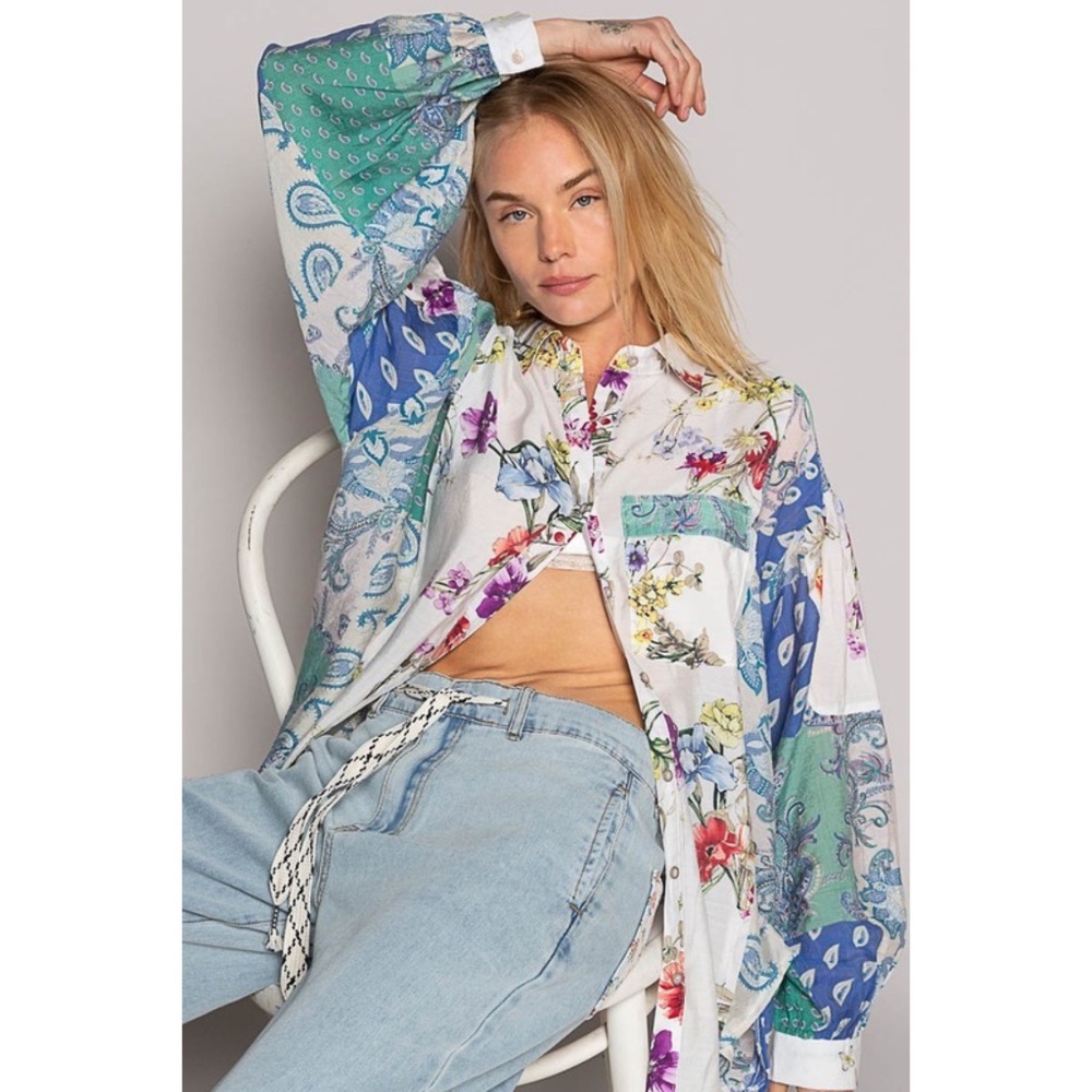 POL Ivory & Teal Blue Floral & Paisley Print Relaxed Fit Button Up Shirt - Picture 3 of 13